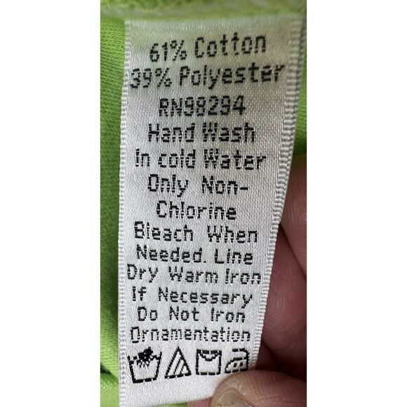 Quacker Factory XL Green Top Navy Blue Trim Rhinestone Studs Around Neck Preowne - Picture 4 of 11